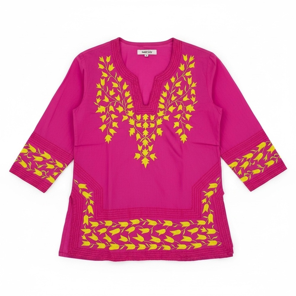 Sweet Lily Tunic Top Womens Small Pink Yellow Embroidered Cotton Boho V-Neck 3/4